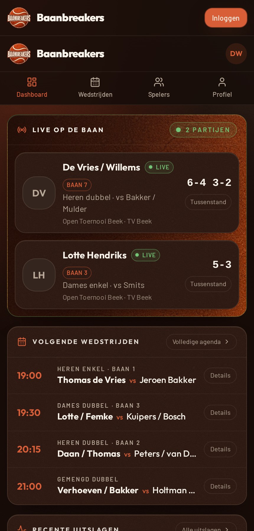 Voorbeeld van een live wedstrijdkaart met score en baannummer