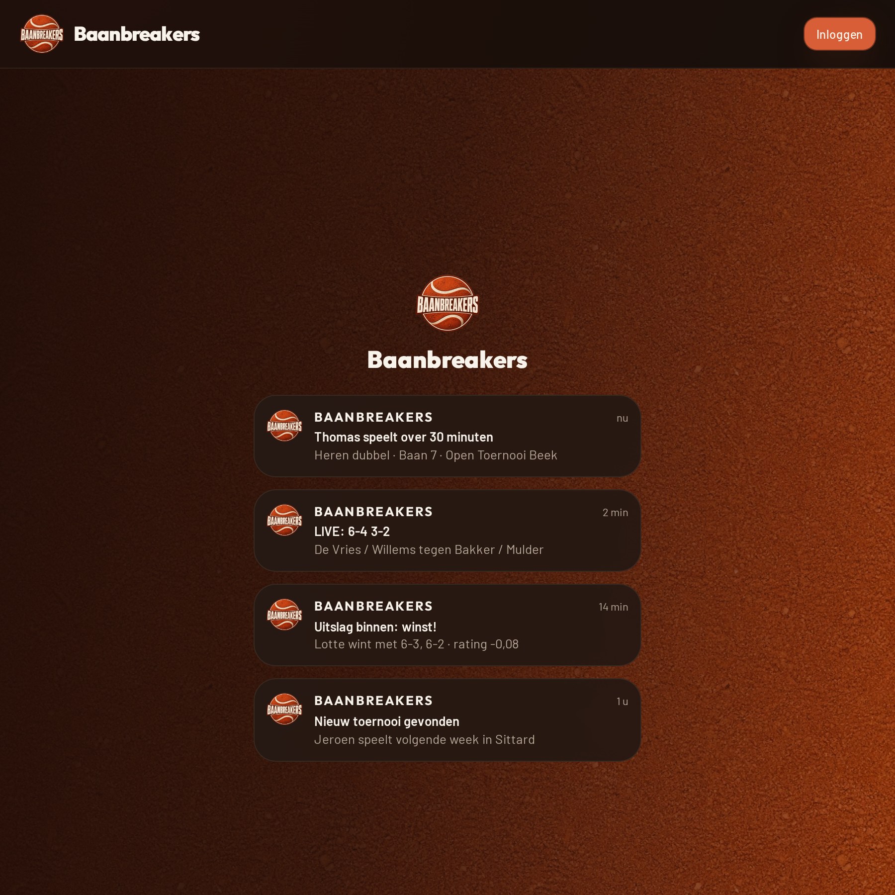 Voorbeeld van pushmeldingen voor tenniswedstrijden in de Baanbreakers app
